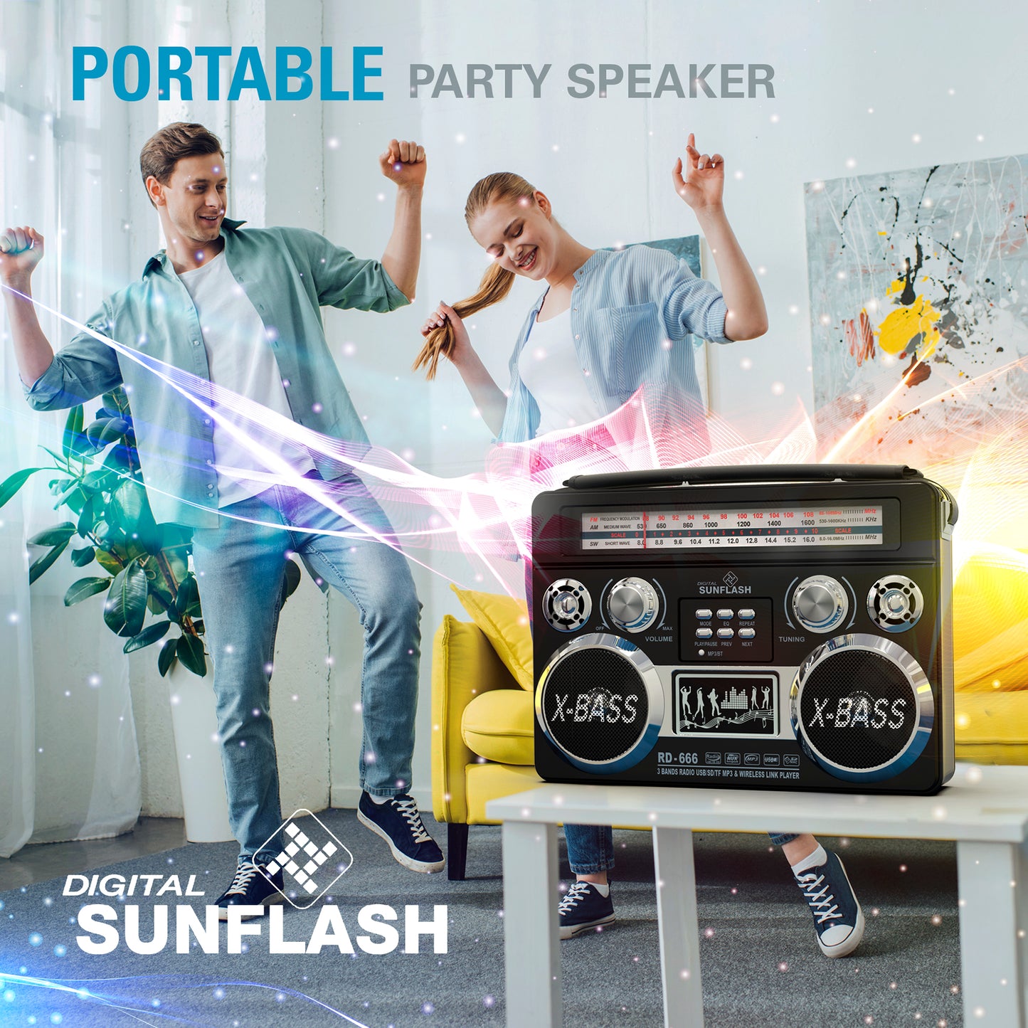 DIGITAL SUNFLASH RD-666 Retro AM/FM/SW 3-Band Rechargeable Portable Radio with Bluetooth Boombox, Flash Light, USB/SD/MicroSD/AUX Compatible with Windows PC, iPhone, Android, Samsung