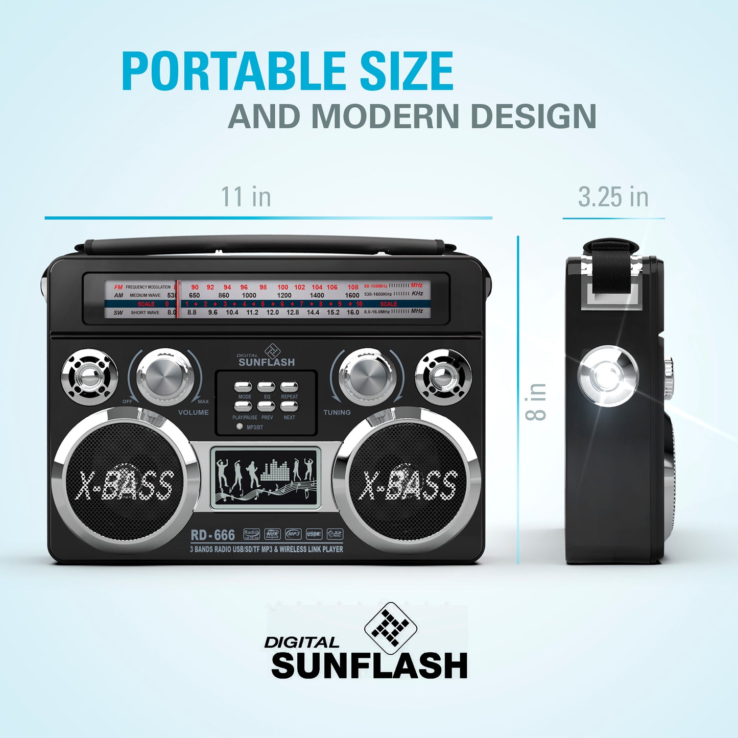 DIGITAL SUNFLASH RD-666 Retro AM/FM/SW 3-Band Rechargeable Portable Radio with Bluetooth Boombox, Flash Light, USB/SD/MicroSD/AUX Compatible with Windows PC, iPhone, Android, Samsung