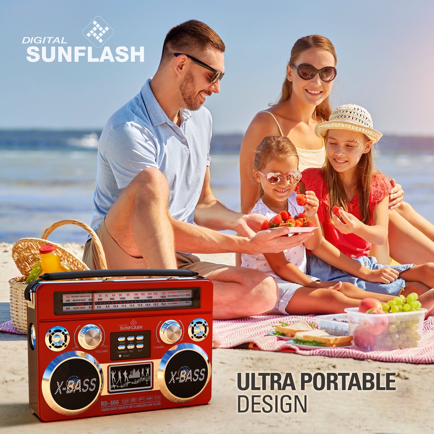 DIGITAL SUNFLASH RD-666 Retro AM/FM/SW 3-Band Rechargeable Portable Radio with Bluetooth Boombox, Flash Light, USB/SD/MicroSD/AUX Compatible with Windows PC, iPhone, Android, Samsung