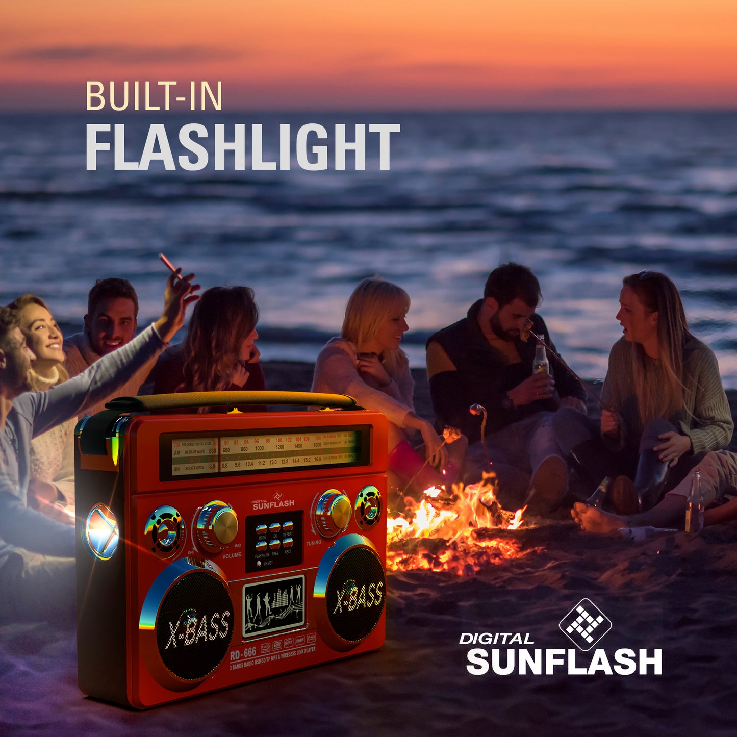 DIGITAL SUNFLASH RD-666 Retro AM/FM/SW 3-Band Rechargeable Portable Radio with Bluetooth Boombox, Flash Light, USB/SD/MicroSD/AUX Compatible with Windows PC, iPhone, Android, Samsung