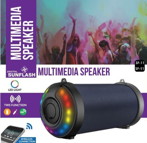 DIGITAL SUNFLASH SF-11 Portable Rechargeable Multimedia Bluetooth 3" Wireless Speaker with Built-in FM Radio, TWS Function, AUX Input, USB Port, RGB LED Lights, Shoulder Strap