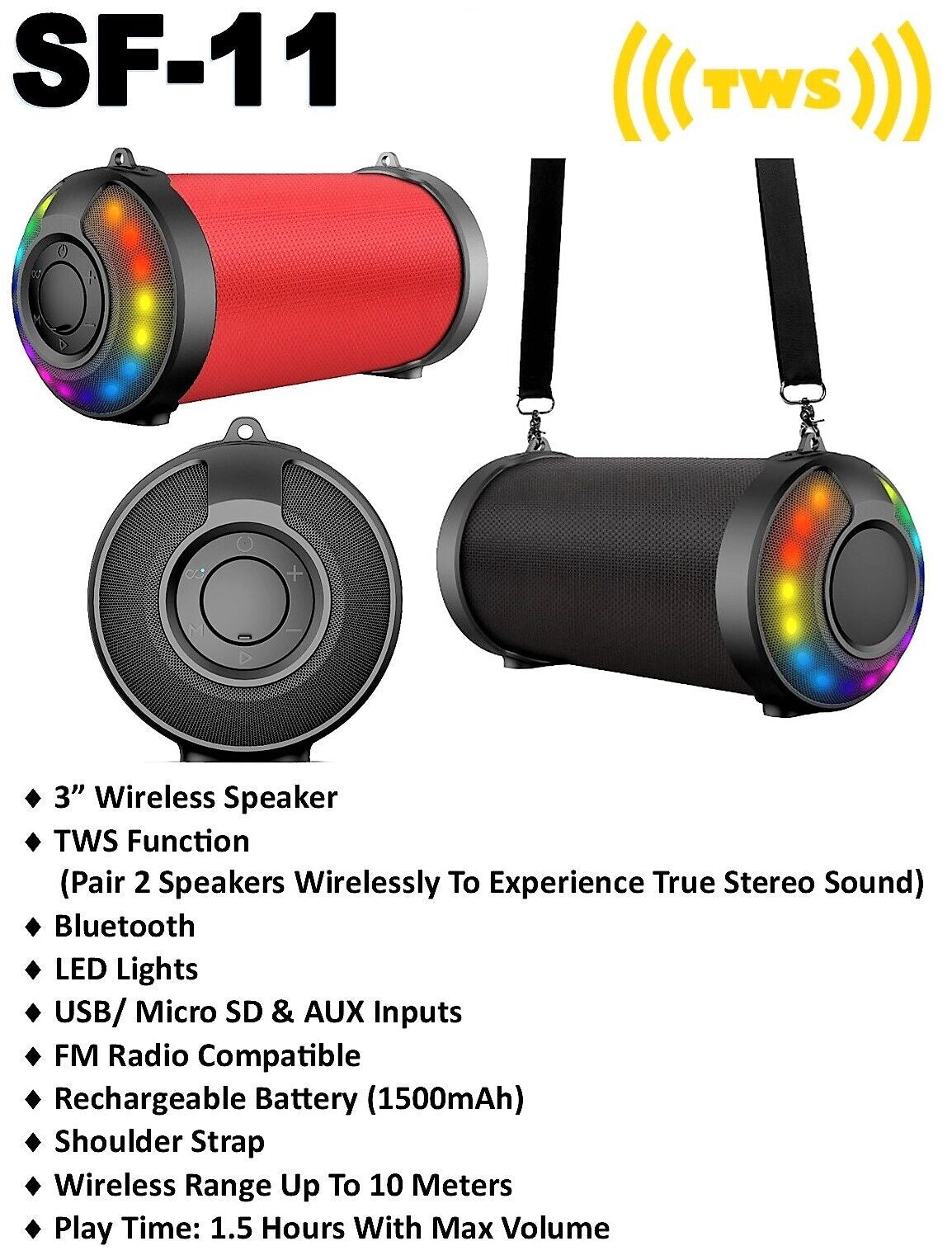 DIGITAL SUNFLASH SF-11 Portable Rechargeable Multimedia Bluetooth 3" Wireless Speaker with Built-in FM Radio, TWS Function, AUX Input, USB Port, RGB LED Lights, Shoulder Strap