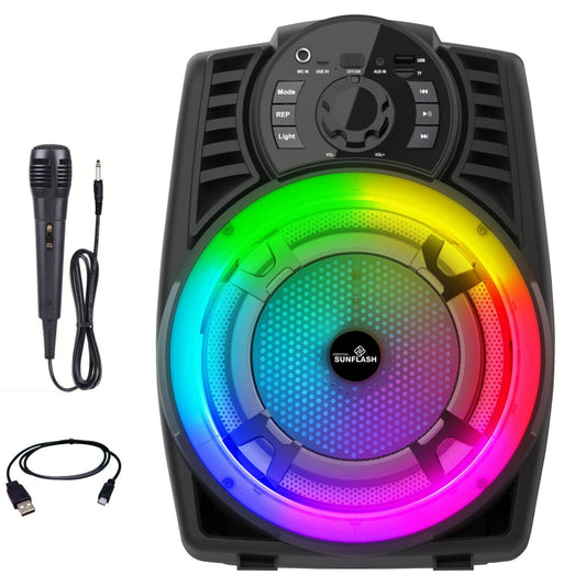 DIGITAL SUNFLASH SF-128 Rechargeable Wireless Portable Multimedia 8-Inch Speaker System Built-in Bluetooth, FM Radio, Karaoke Microphone Included, USB Port, MicroSD, AUX, LED Lights