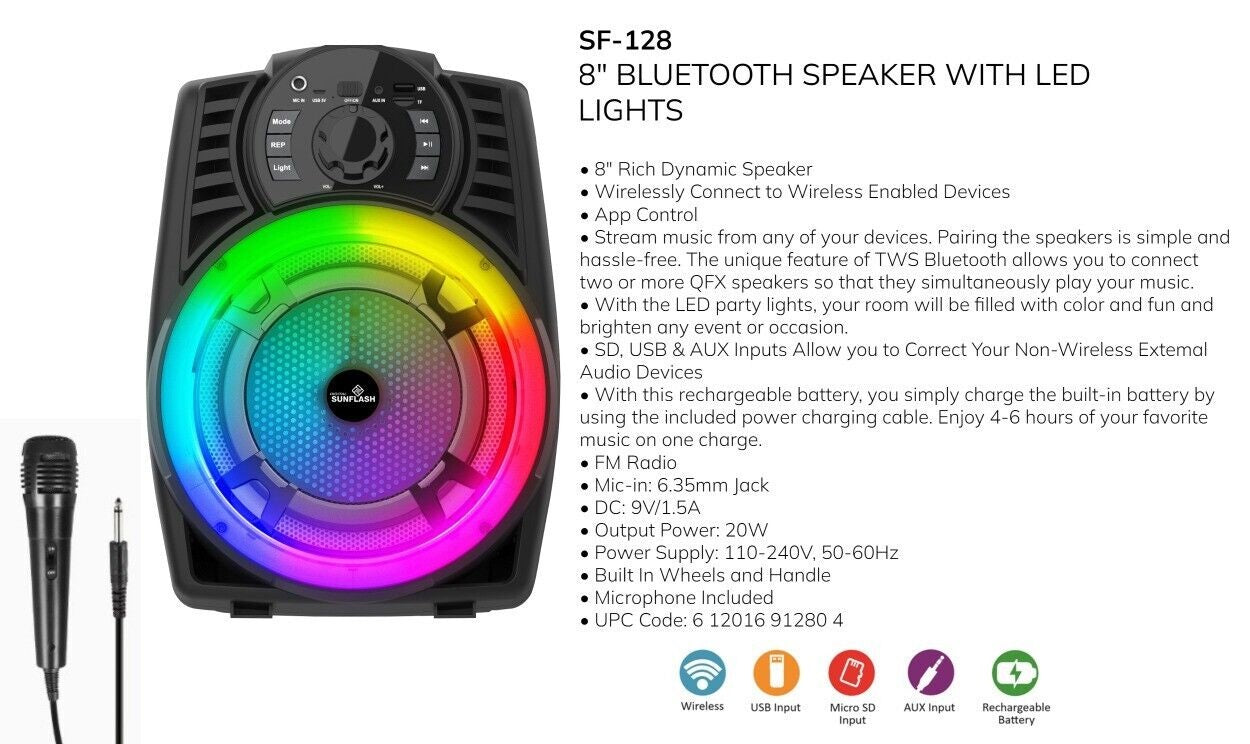 DIGITAL SUNFLASH SF-128 Rechargeable Wireless Portable Multimedia 8-Inch Speaker System Built-in Bluetooth, FM Radio, Karaoke Microphone Included, USB Port, MicroSD, AUX, LED Lights
